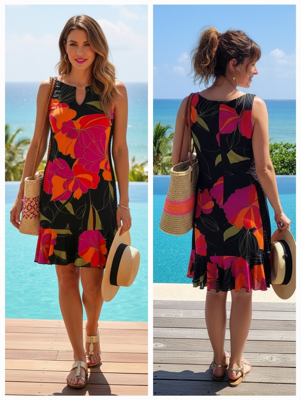 Joseph Ribkoff Silky Knit Flounce Hem Midi Dress Size 6 Tropical Resortwear